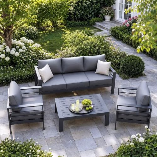 Amopatio grey aluminum patio sectional set with 5 inch thick olefin cushions and an imitation-wood coffee table